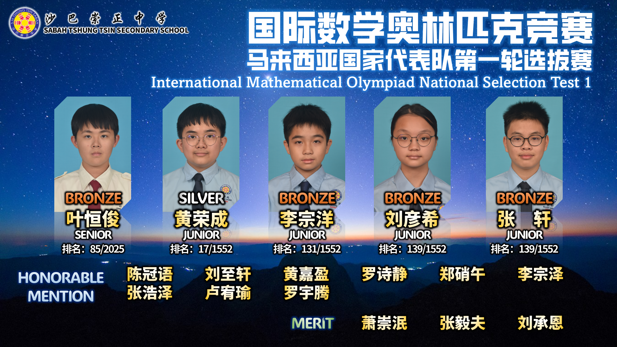 恭喜本校 17 位学生参加国际数学奥林匹克竞赛马来西亚国家代表队第一轮选拔赛 International Mathematical Olympiad National Selection Test  1(IMONST 1)取得优异成绩